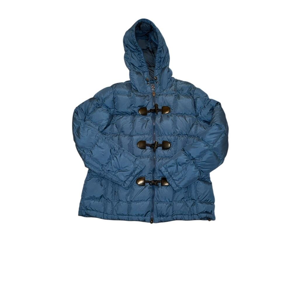 LL Bean Downtek Women L PET Hooded Puffer Jacket Blue Toggle GORPCORE Hiking